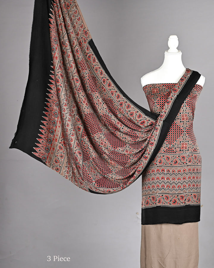 Terracotta and Black Pure Modal Silk Ajrakh Suit with Intricate Mosaic Handblock Prints
