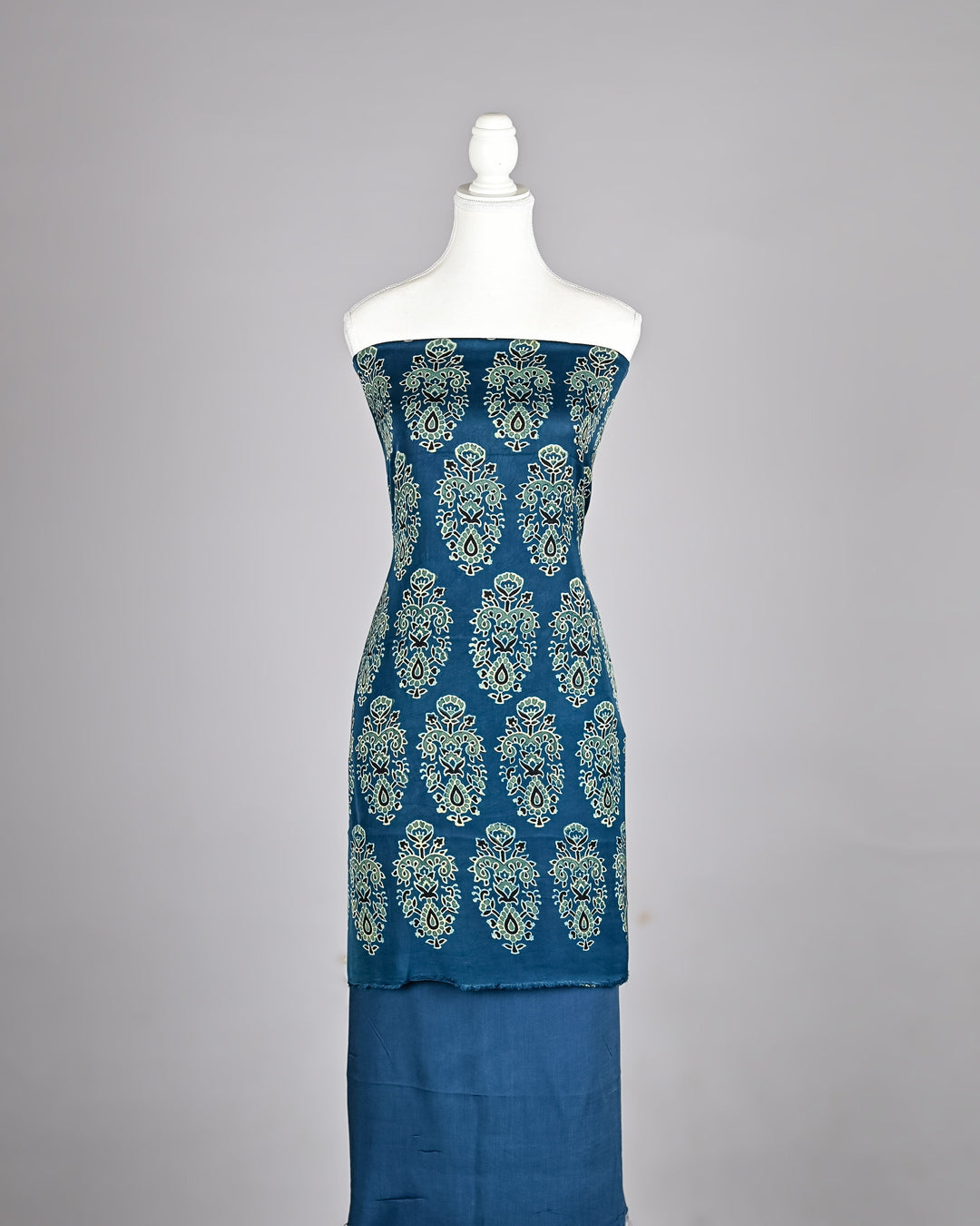 Prussian Blue Pure Modal Silk Ajrakh Suit with Traditional Paisley Buta Handblock Print