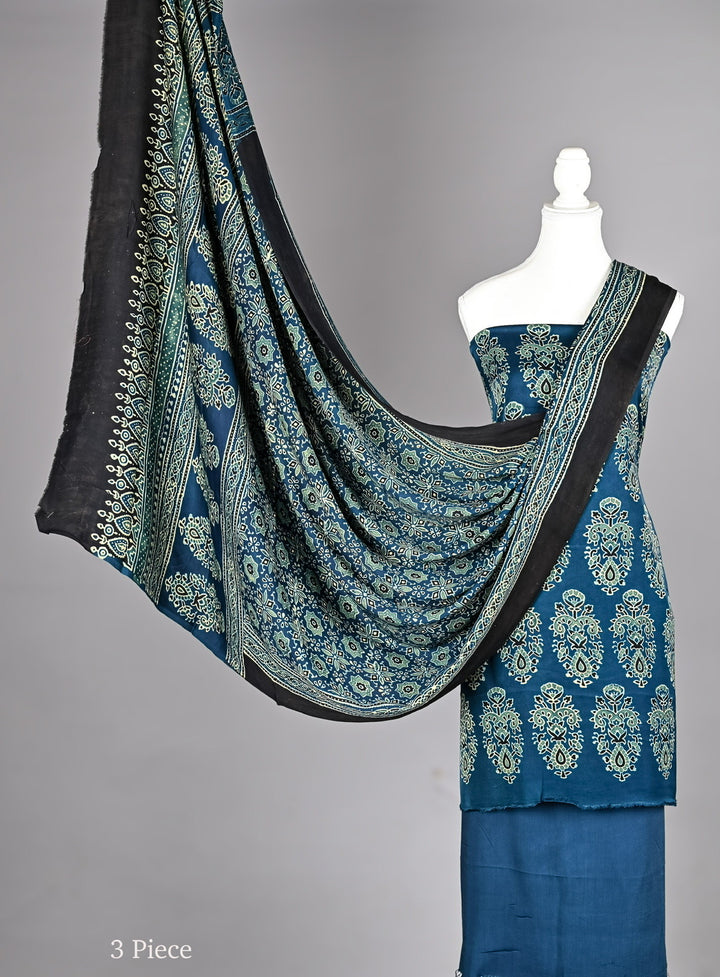 Prussian Blue Pure Modal Silk Ajrakh Suit with Traditional Paisley Buta Handblock Print