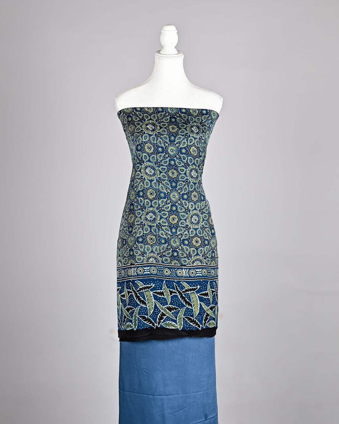 Steel Blue Pure Modal Silk Ajrakh Suit with Bold Leafy Vines and Circular Geometric Patterns