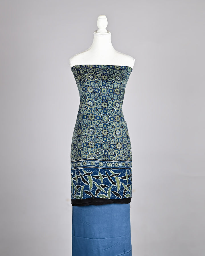 Steel Blue Pure Modal Silk Ajrakh Suit with Bold Leafy Vines and Circular Geometric Patterns
