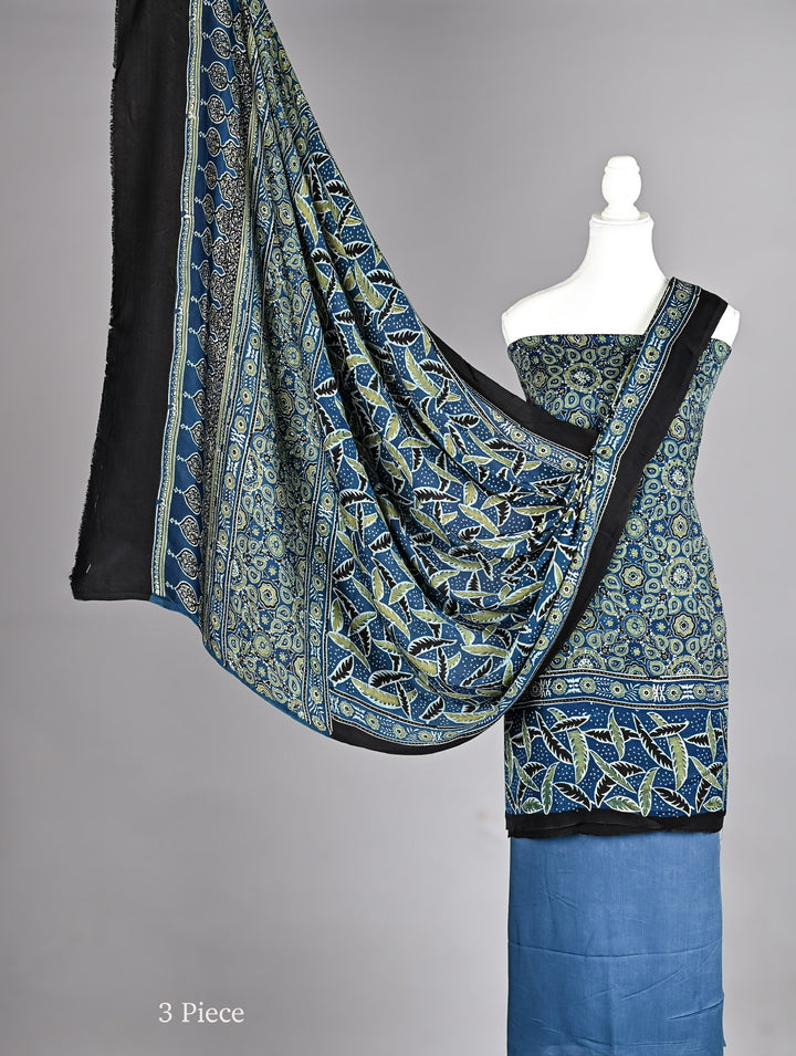 Steel Blue Pure Modal Silk Ajrakh Suit with Bold Leafy Vines and Circular Geometric Patterns