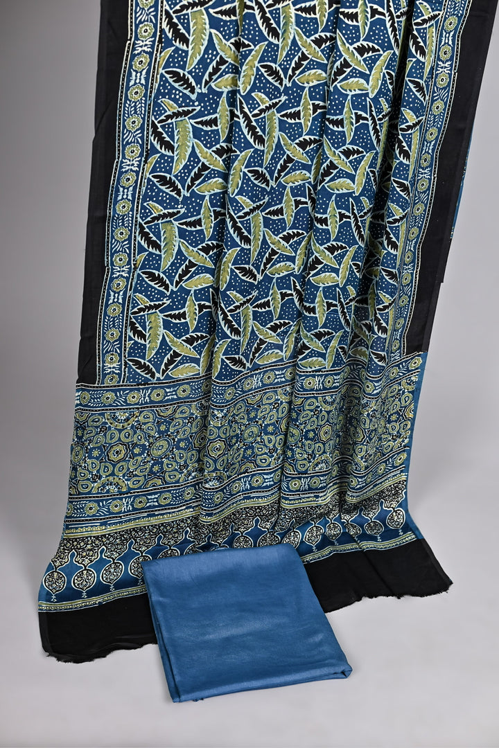 Steel Blue Pure Modal Silk Ajrakh Suit with Bold Leafy Vines and Circular Geometric Patterns