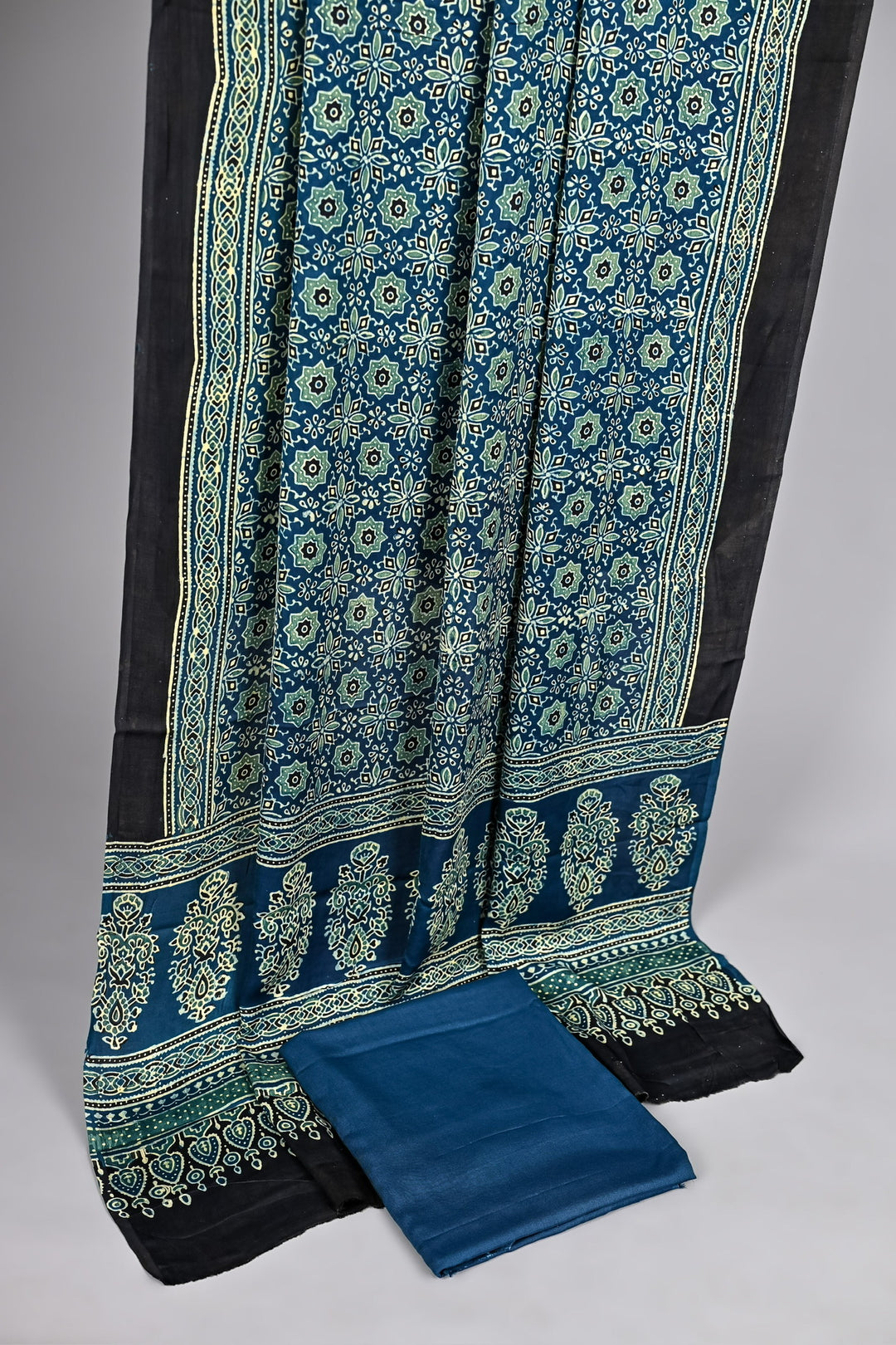 Prussian Blue Pure Modal Silk Ajrakh Suit with Traditional Paisley Buta Handblock Print