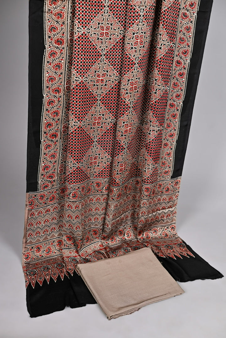 Terracotta and Black Pure Modal Silk Ajrakh Suit with Intricate Mosaic Handblock Prints