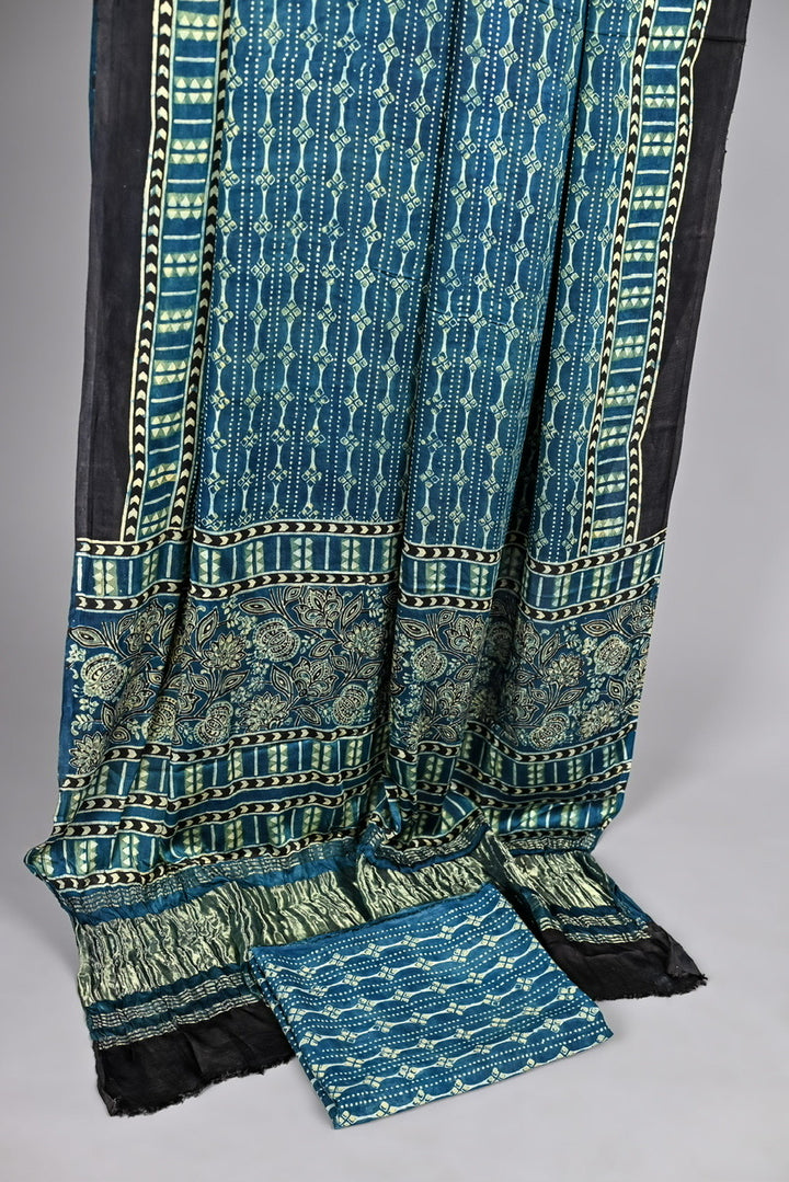 Teal Blue Pure Modal Silk Ajrakh Suit featuring Ornate Floral Jaal and Geometric Patterns