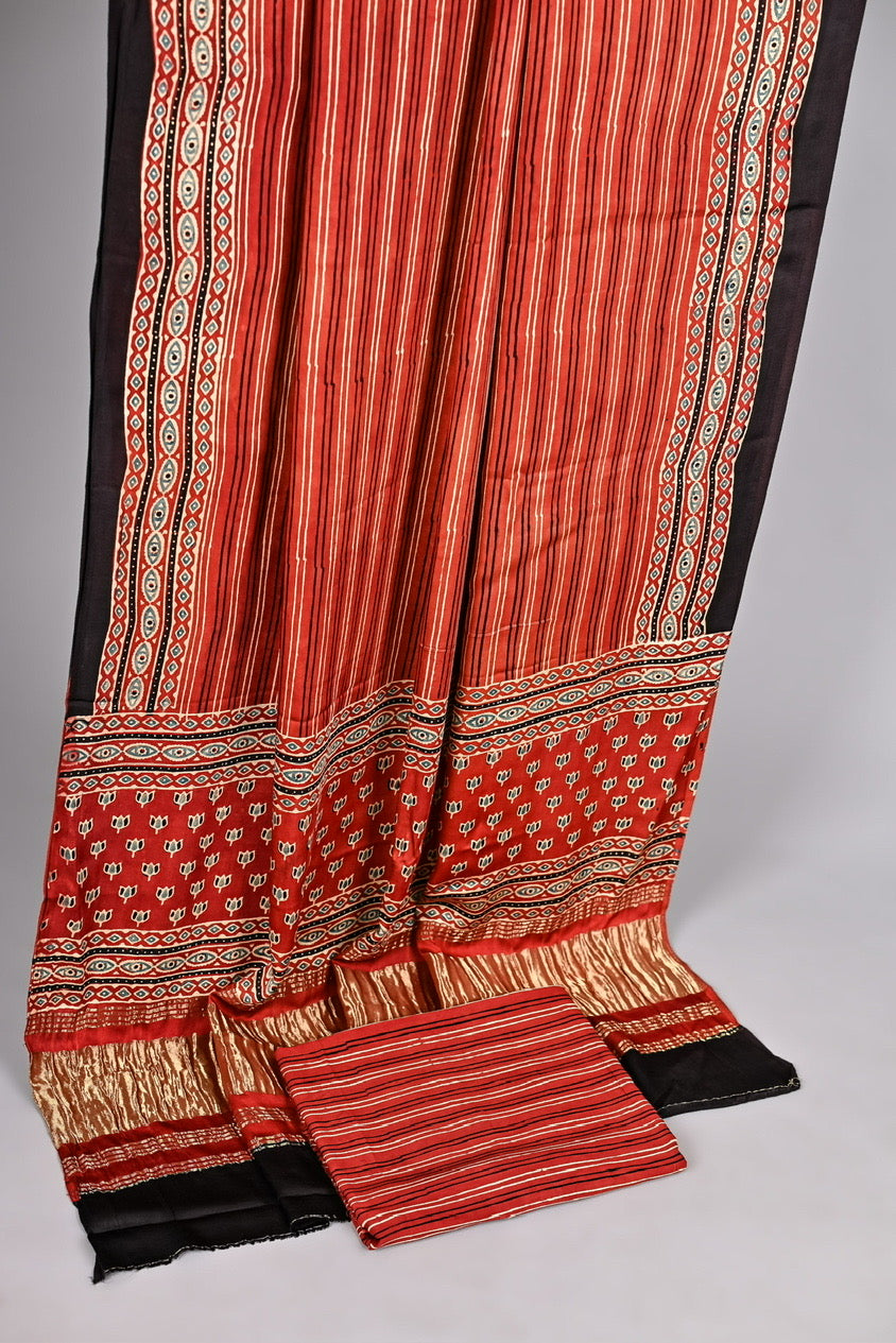 Pure Modal Silk Maroon Ajrakh Handblock Suit with Micro Floral and Geometric Borders