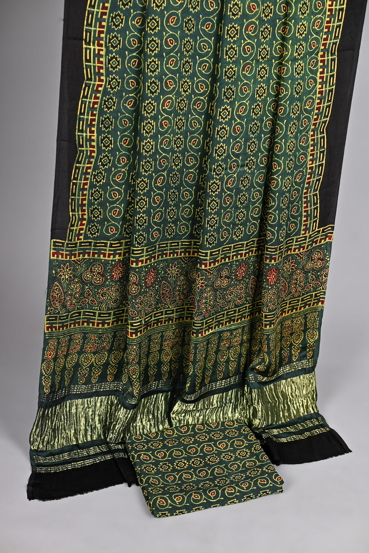 Forest Green Pure Modal Silk Ajrakh Intricate Jaal and Buta Handblock Suit