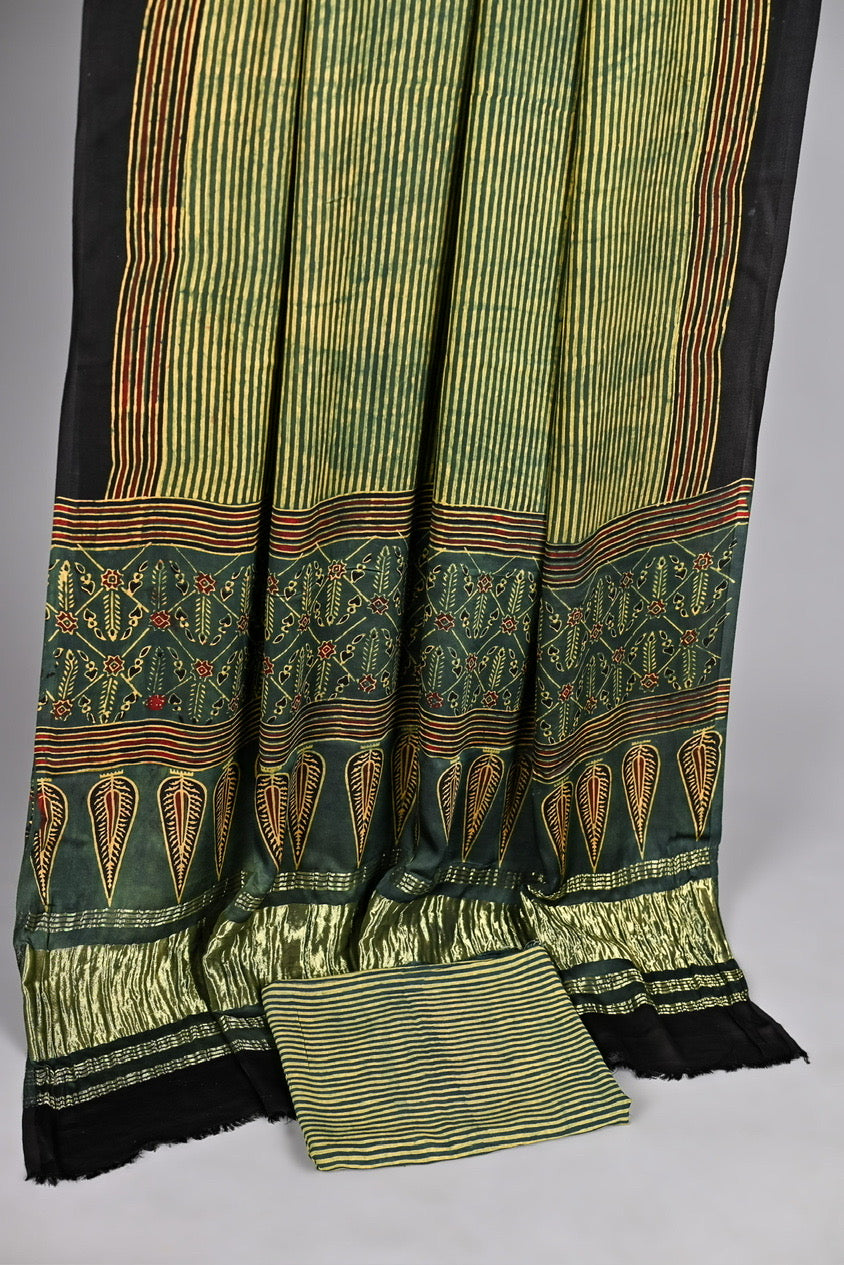 Emerald Green Pure Modal Silk Ajrakh Traditional Booti and Stripe Print Suit