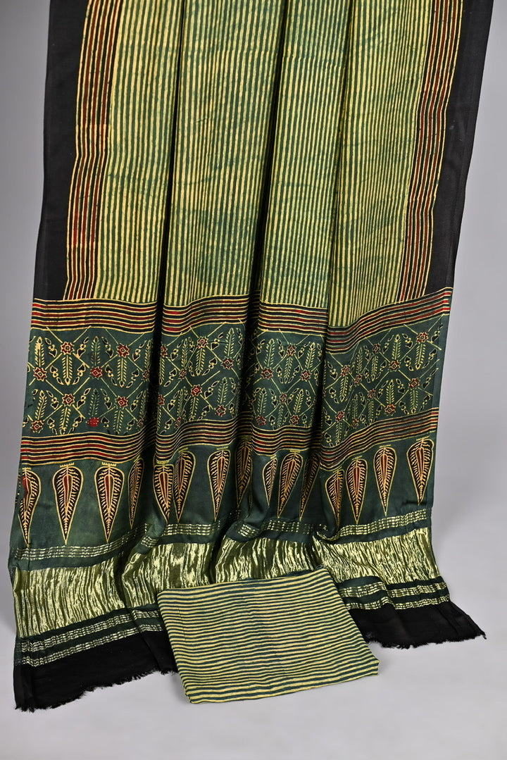 Emerald Green Pure Modal Silk Ajrakh Traditional Booti and Stripe Print Suit