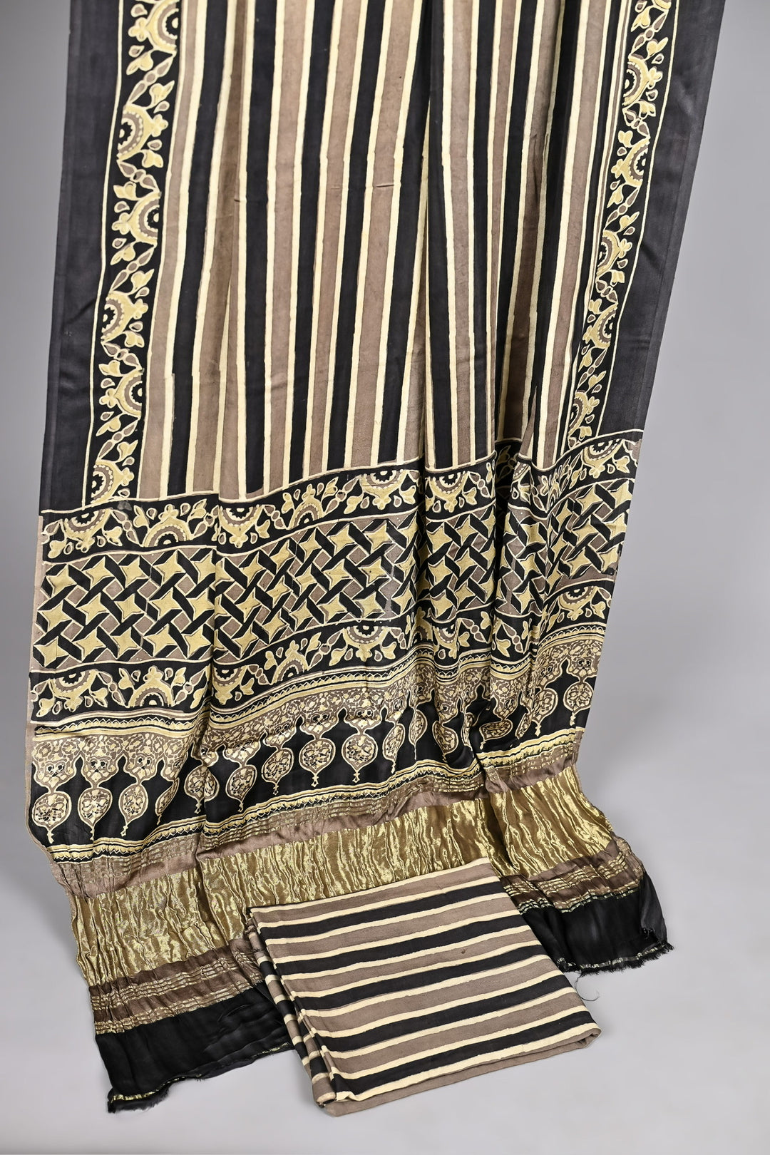 Taupe Brown Pure Modal Silk Ajrakh Geometric Jali and Stripe Print Suit