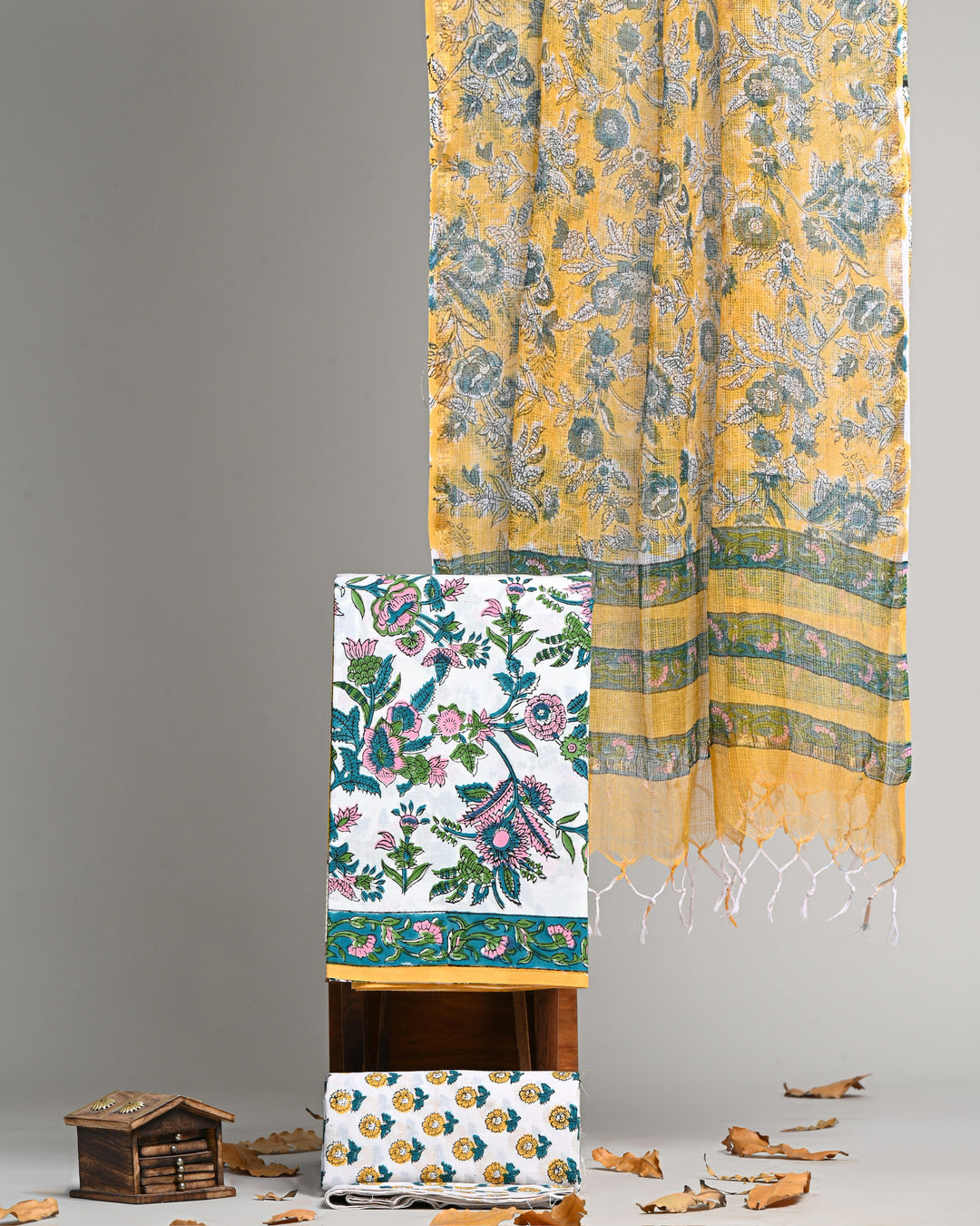 Premium Handblock Printed Pure Cotton 3 Piece Suit with Kota Doria Dupatta – Mustard Yellow Handblock Floral