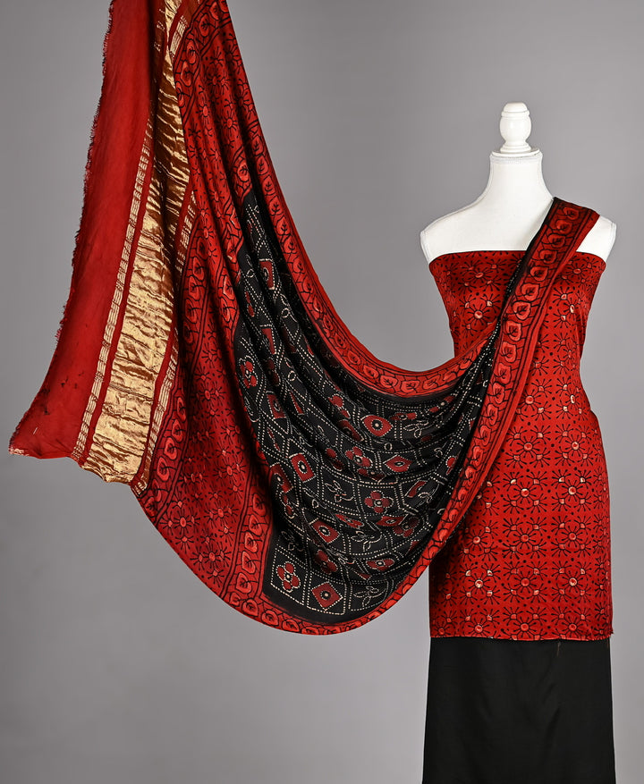 Traditional Maroon Ajrakh Handblock Printed Modal Silk 3-Piece Suit