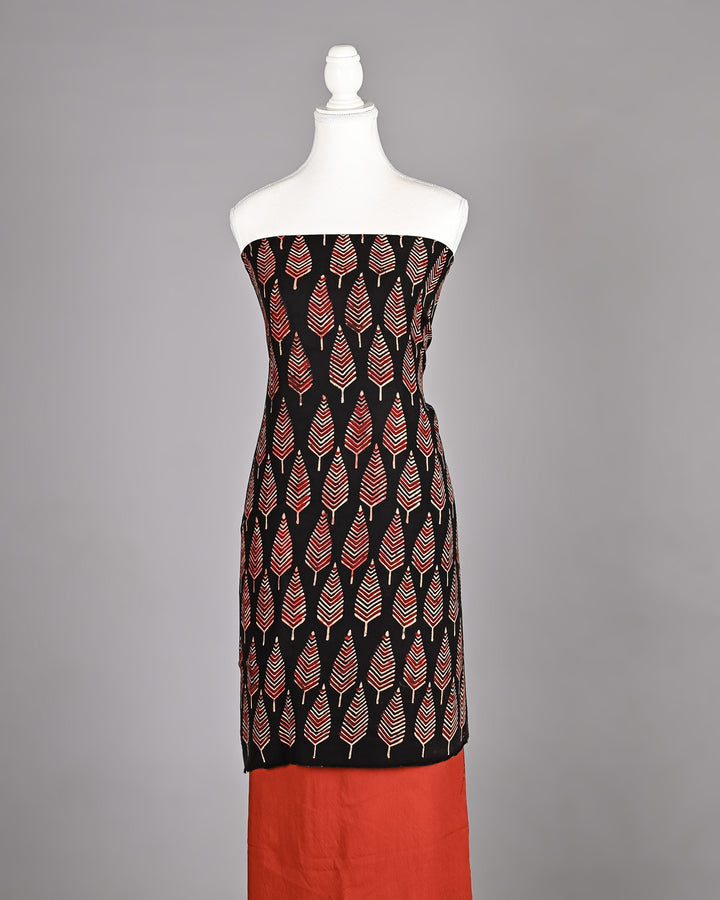 Black & Red Tree Motif Ajrakh Handblock Printed Modal Silk 3-Piece Suit
