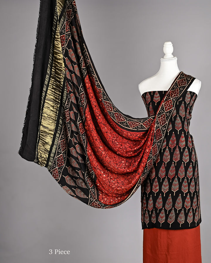 Black & Red Tree Motif Ajrakh Handblock Printed Modal Silk 3-Piece Suit