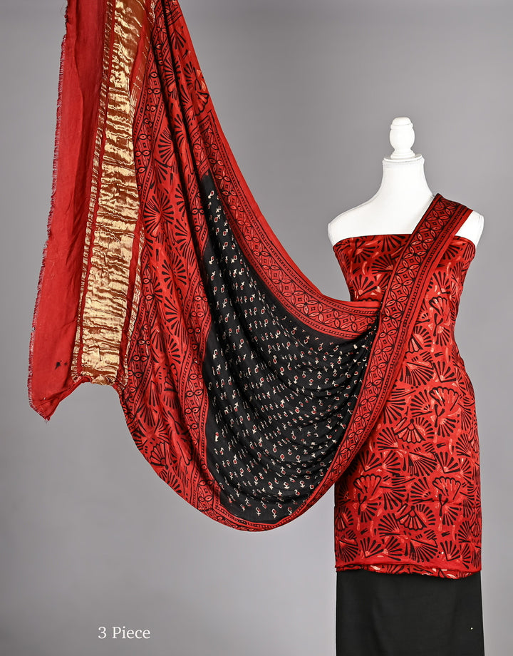 Vibrant Red & Black Fan Motif Ajrakh Handblock Printed Modal Silk Suit