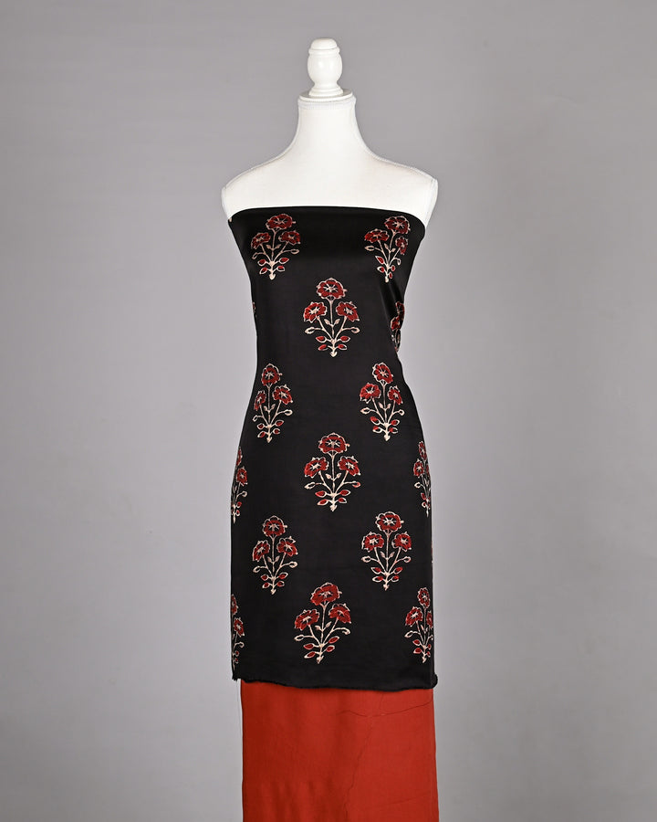 Premium Black Floral Buti Ajrakh Handblock Printed Modal Silk Suit Set