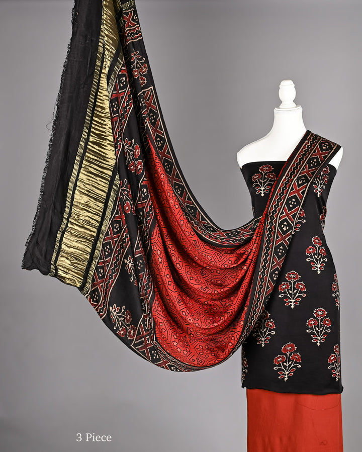 Premium Black Floral Buti Ajrakh Handblock Printed Modal Silk Suit Set