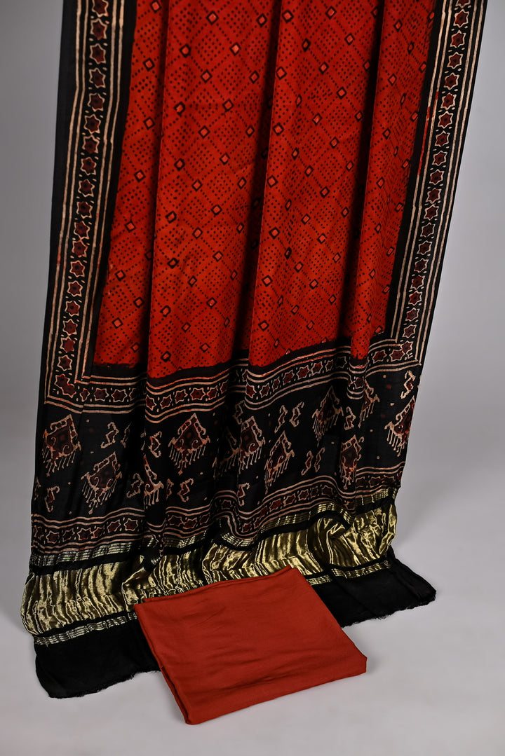 Premium Black Floral Buti Ajrakh Handblock Printed Modal Silk Suit Set