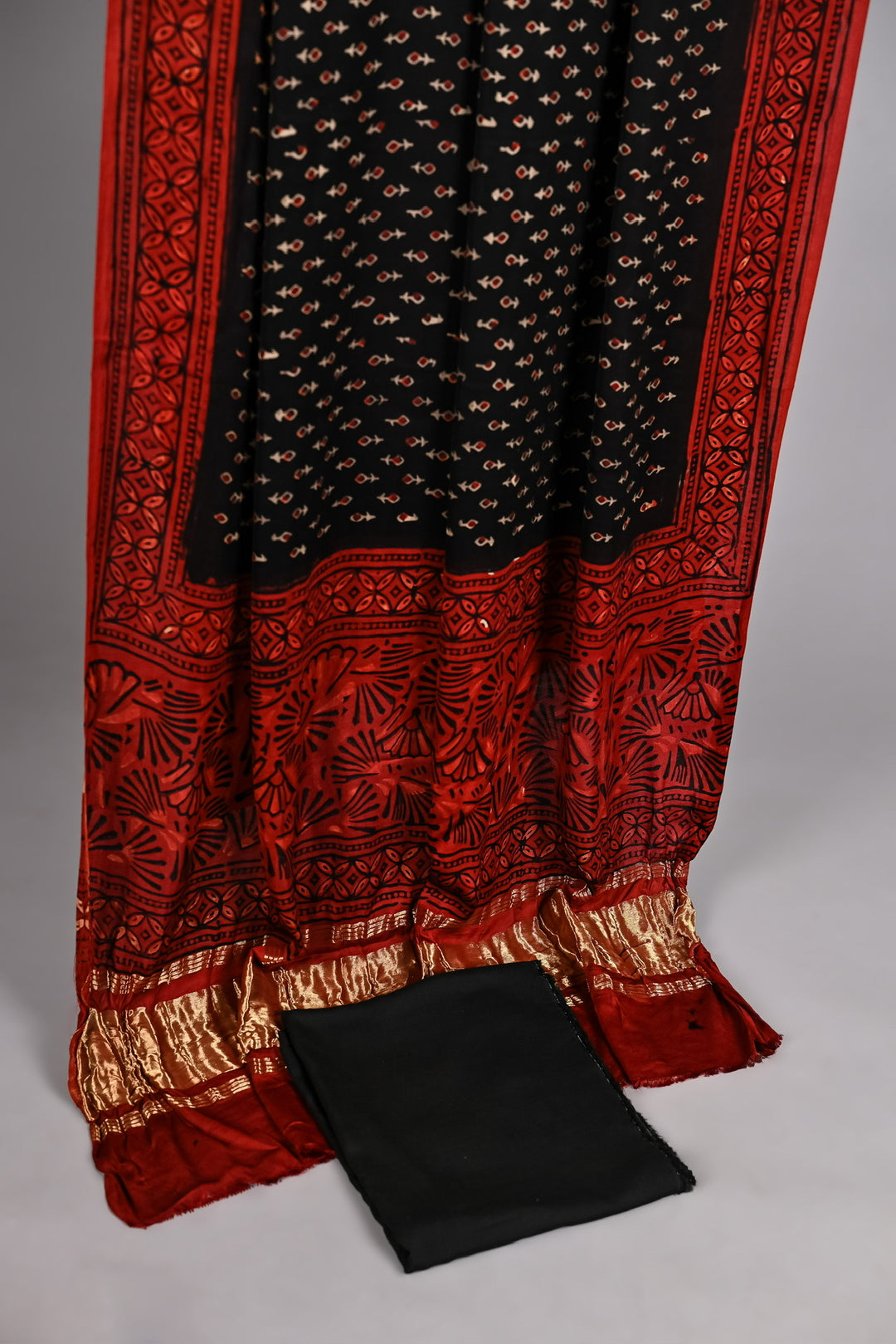 Vibrant Red & Black Fan Motif Ajrakh Handblock Printed Modal Silk Suit