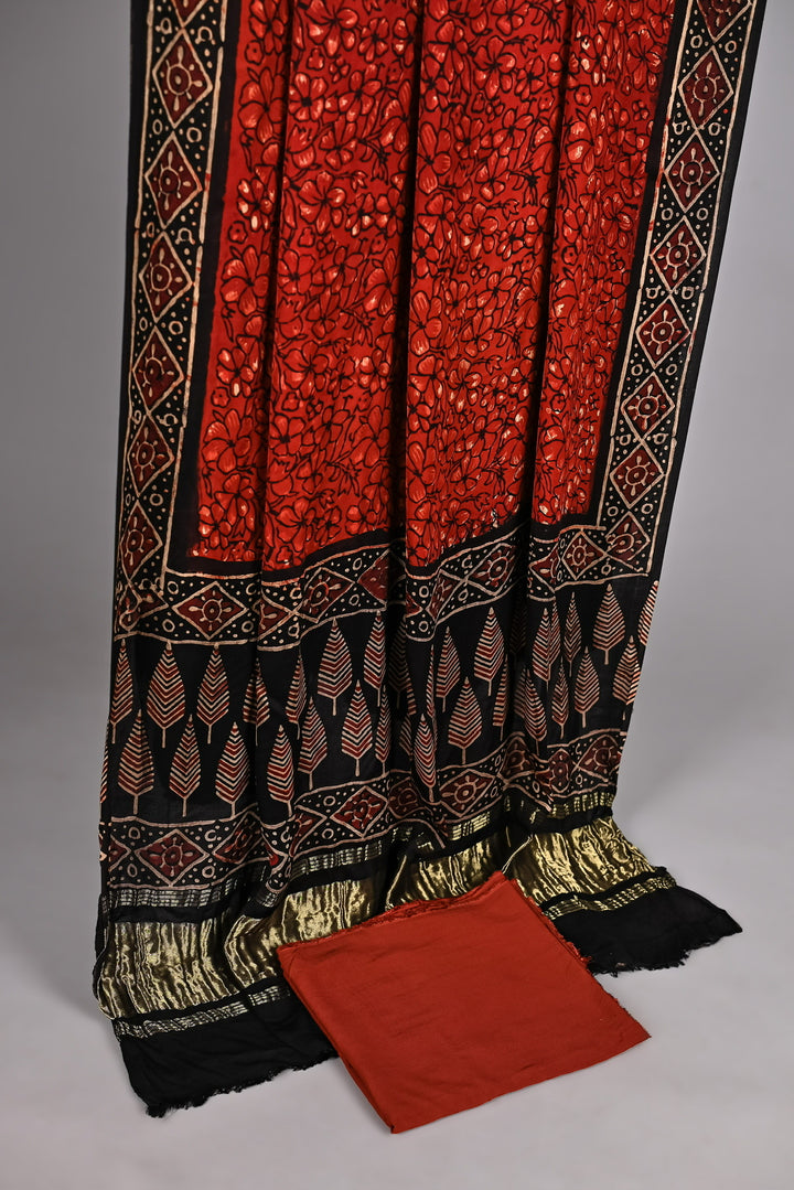 Black & Red Tree Motif Ajrakh Handblock Printed Modal Silk 3-Piece Suit