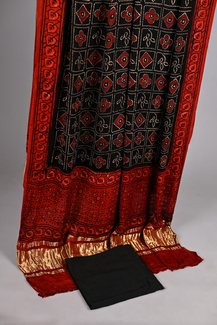 Traditional Maroon Ajrakh Handblock Printed Modal Silk 3-Piece Suit