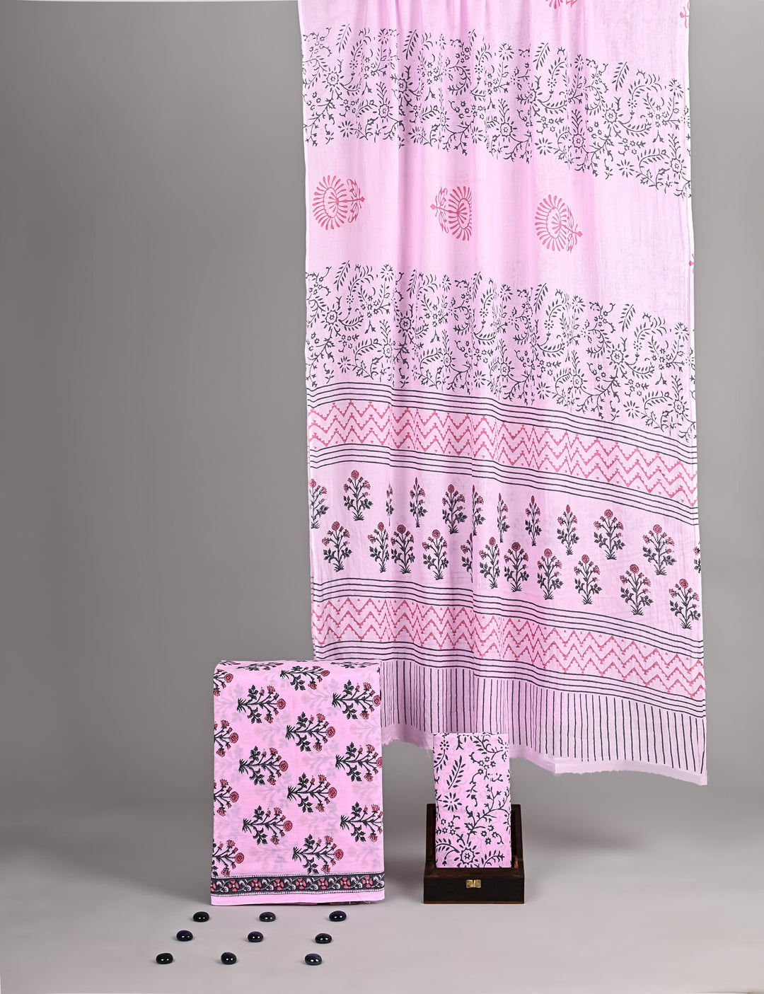 Baby Pink Mughal Buta Handblock Printed Cotton Suit Set
