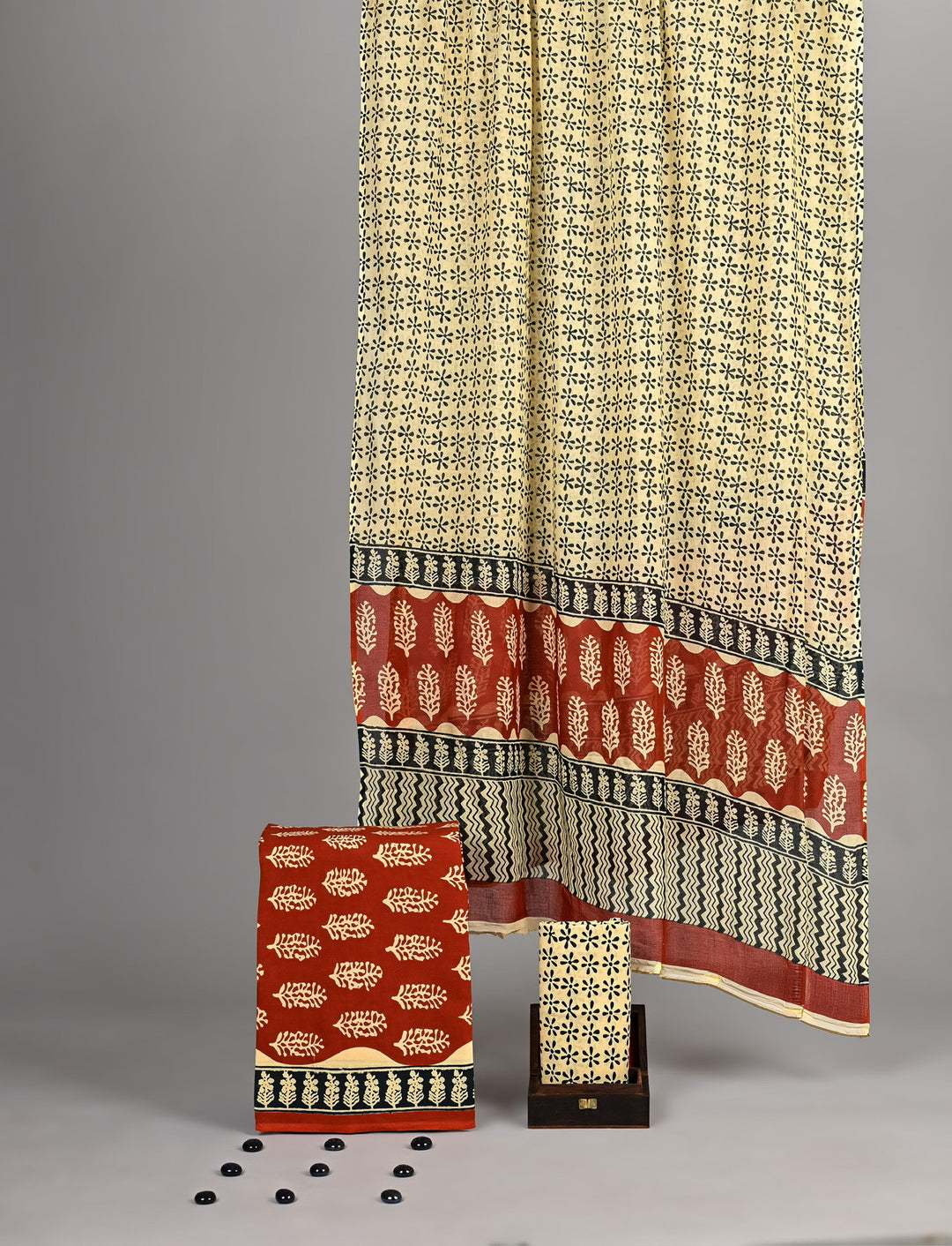 Rust Red & Cream Traditional Handblock Printed Cotton 3-Piece Suit
