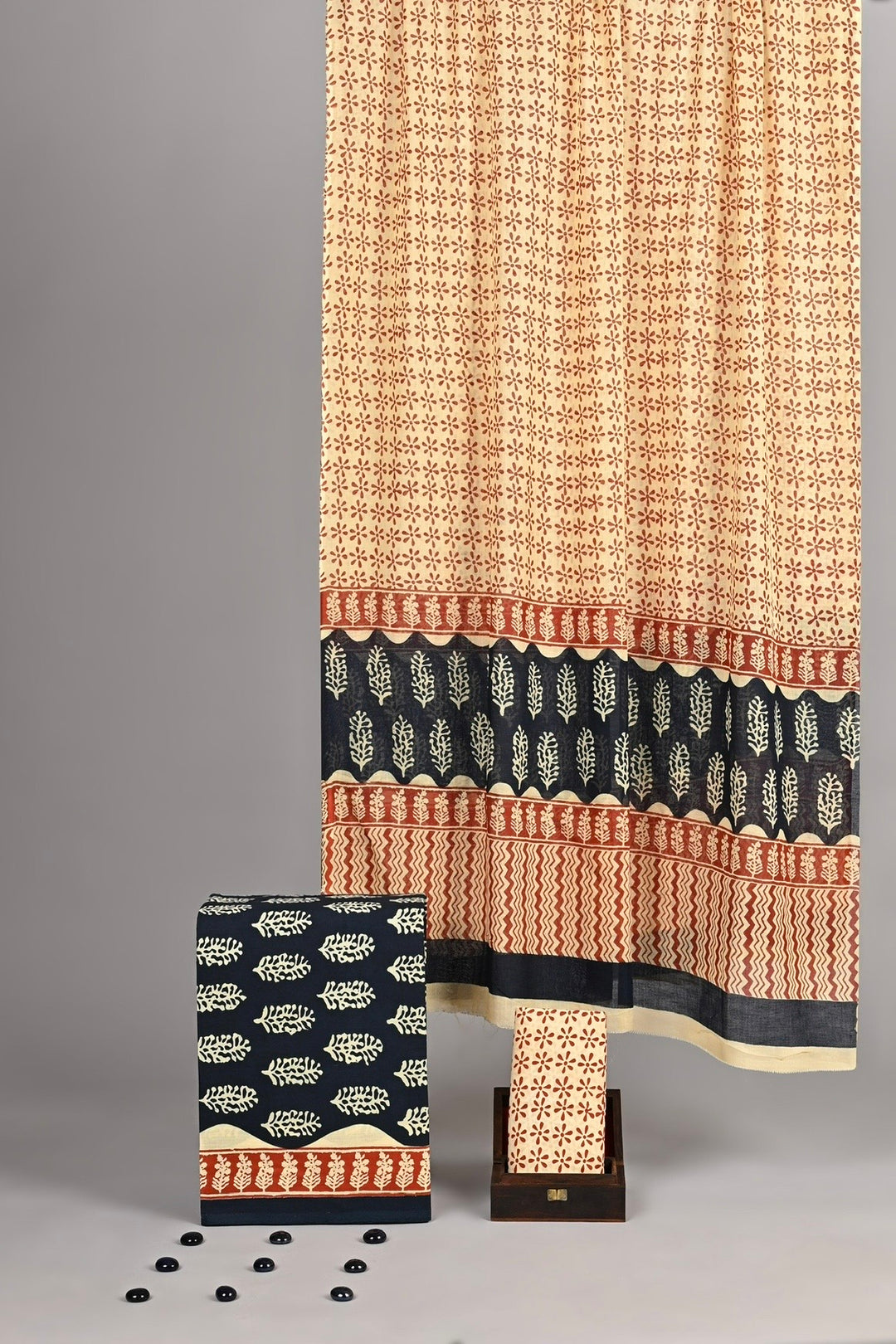 Indigo Blue & Beige Jaal Print Handblock Cotton Suit with Border Dupatta