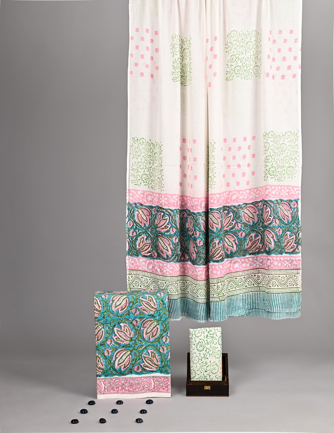 Turquoise Floral Vine Handblock Printed Cotton Suit with White Dupatta