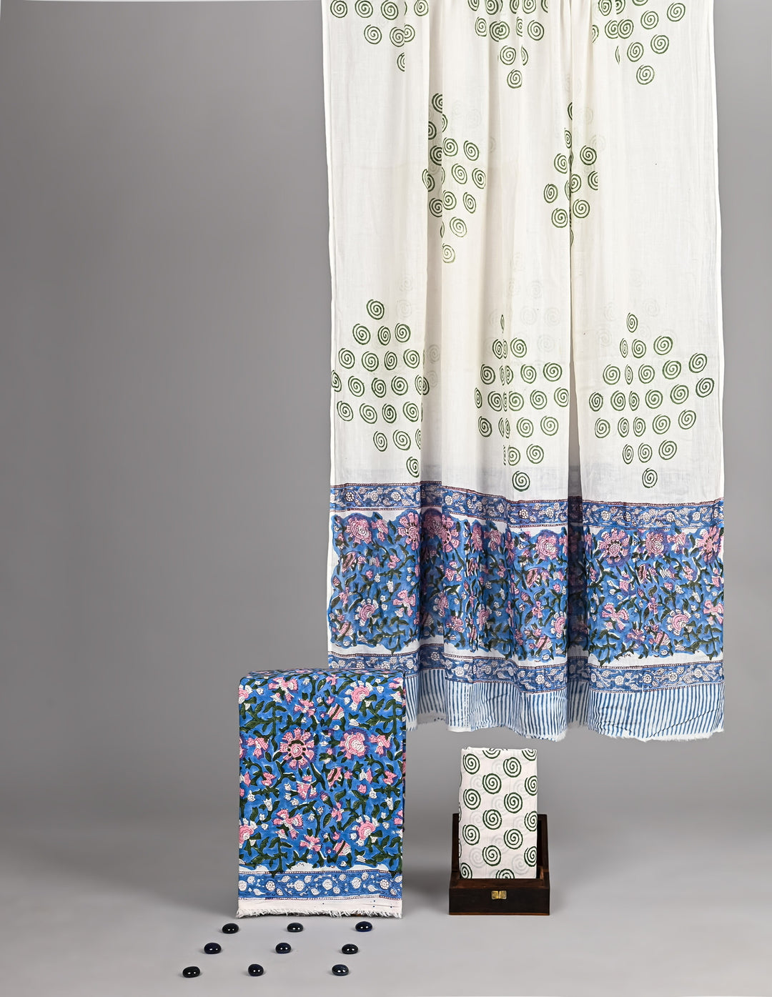 Royal Blue & Green Spiral Handblock Printed Cotton Unstitched Suit