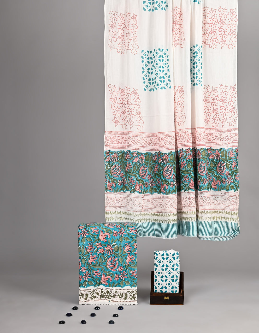 Sea Green & Peach Geometric Handblock Printed Cotton Suit Set