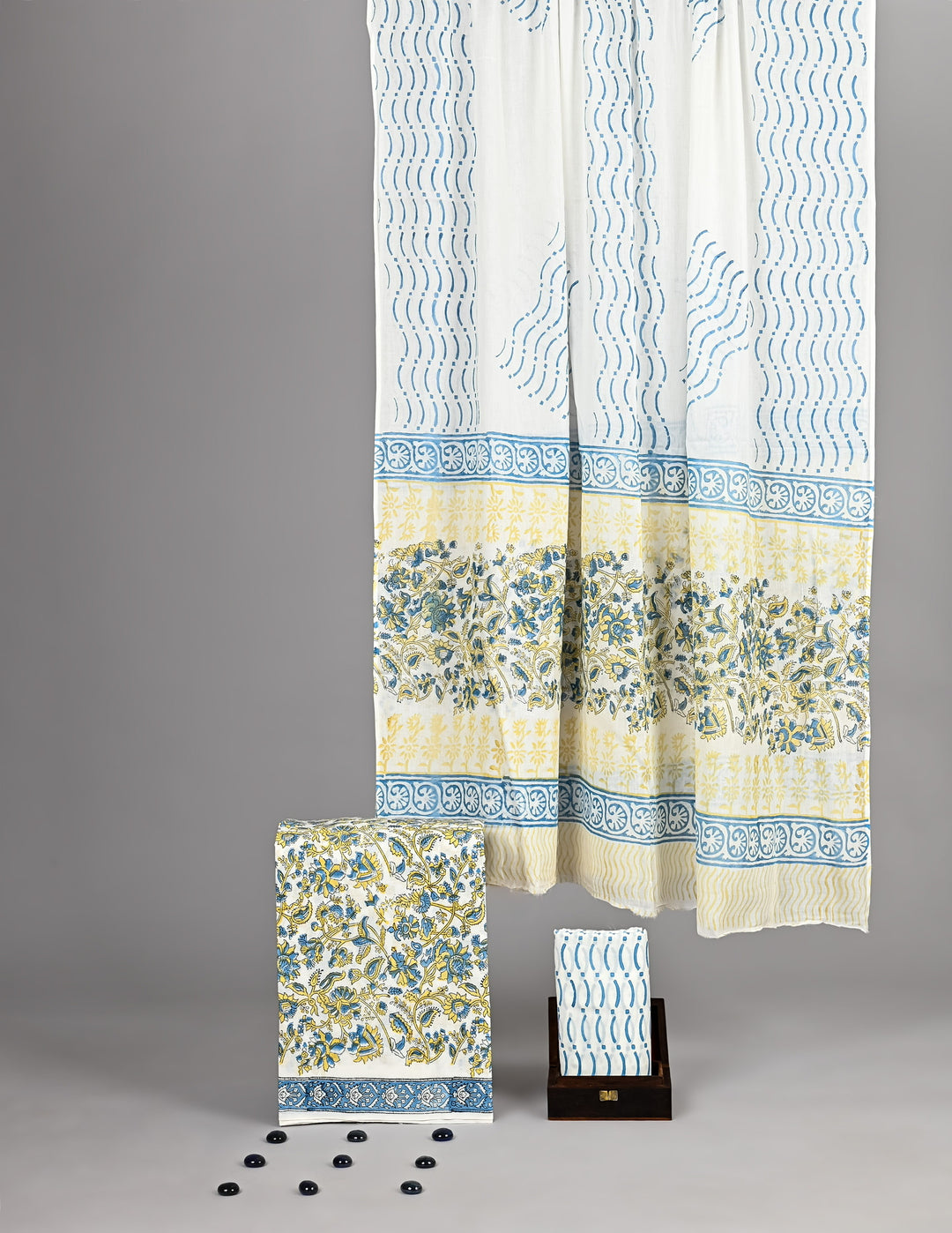 Sky Blue Wave Print Handblock Cotton Suit with Floral Border Dupatta