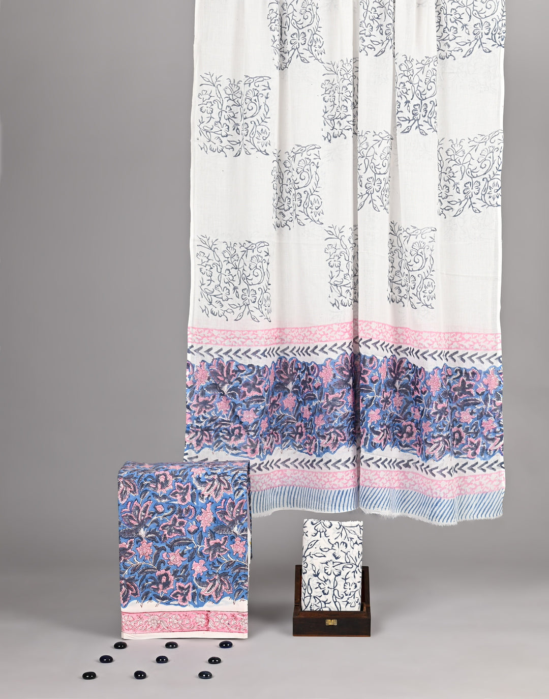 Lavender & Blue Handblock Printed Cotton Suit with Intricate Jaal Work