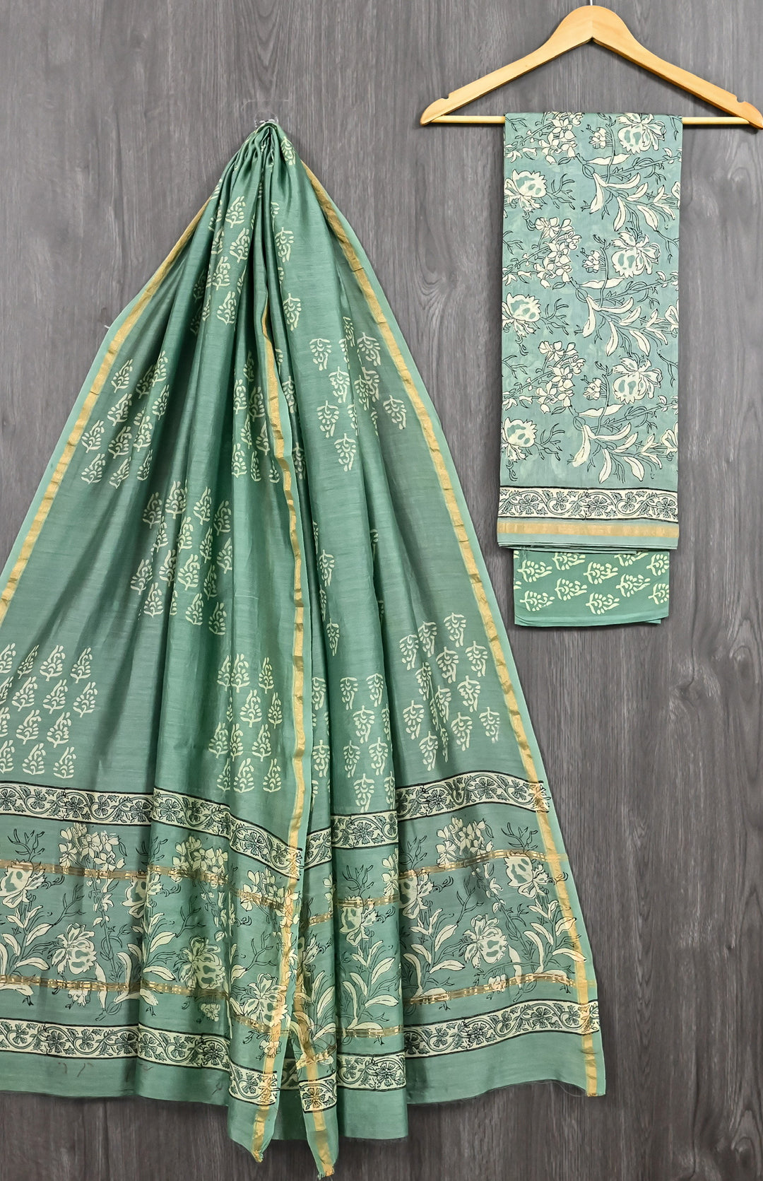 Sage Green and Mint Bagru Handblock Printed Chanderi Silk Suit Set with Zari Border
