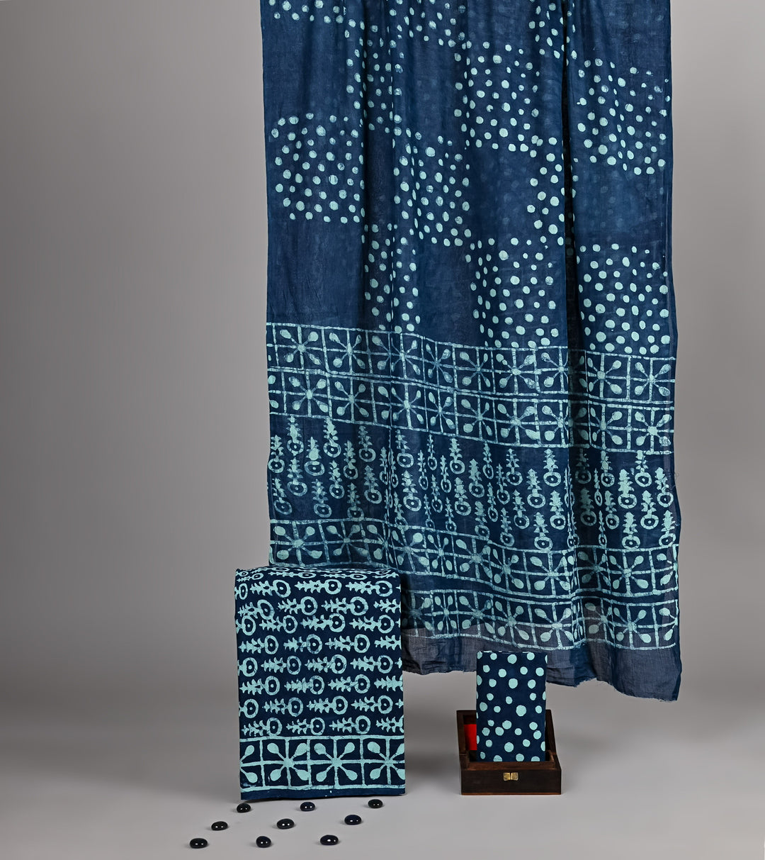 Indigo Blue Polka Dot & Floral Pure Cotton Suit Material with Dupatta