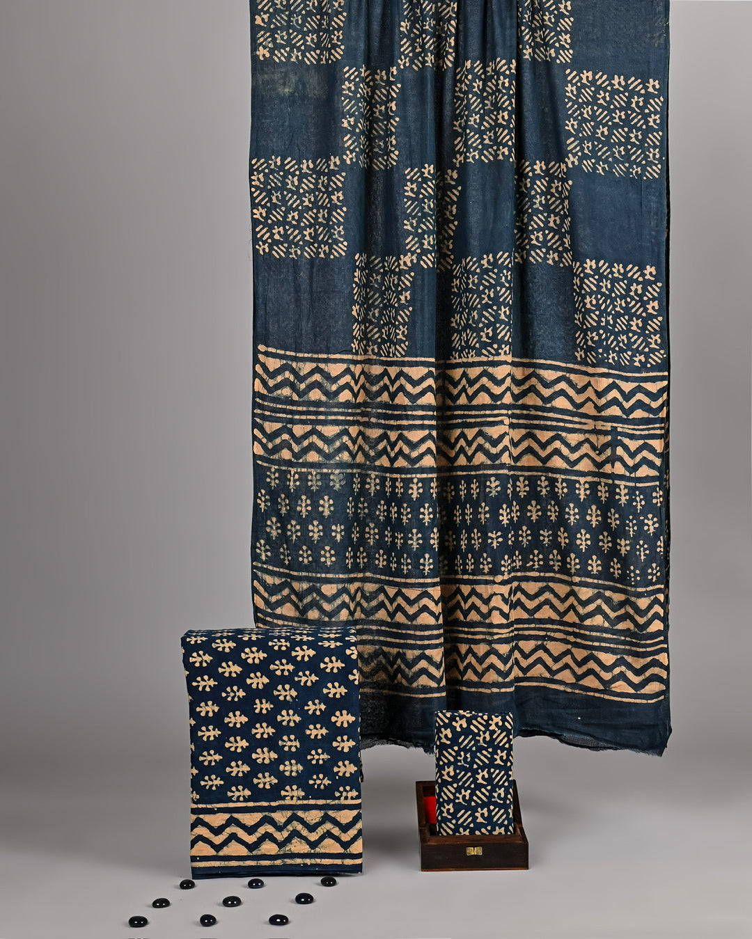 Indigo & Beige Chevron Handblock Printed Cotton 3-Piece Suit Set