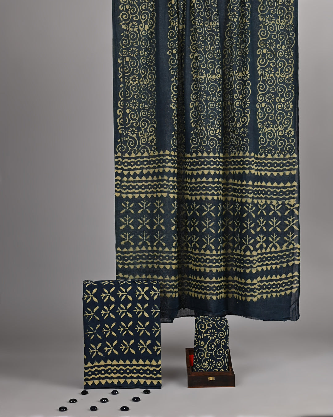 Indigo Blue & Olive Green Jaal Handblock Printed Cotton Suit Set