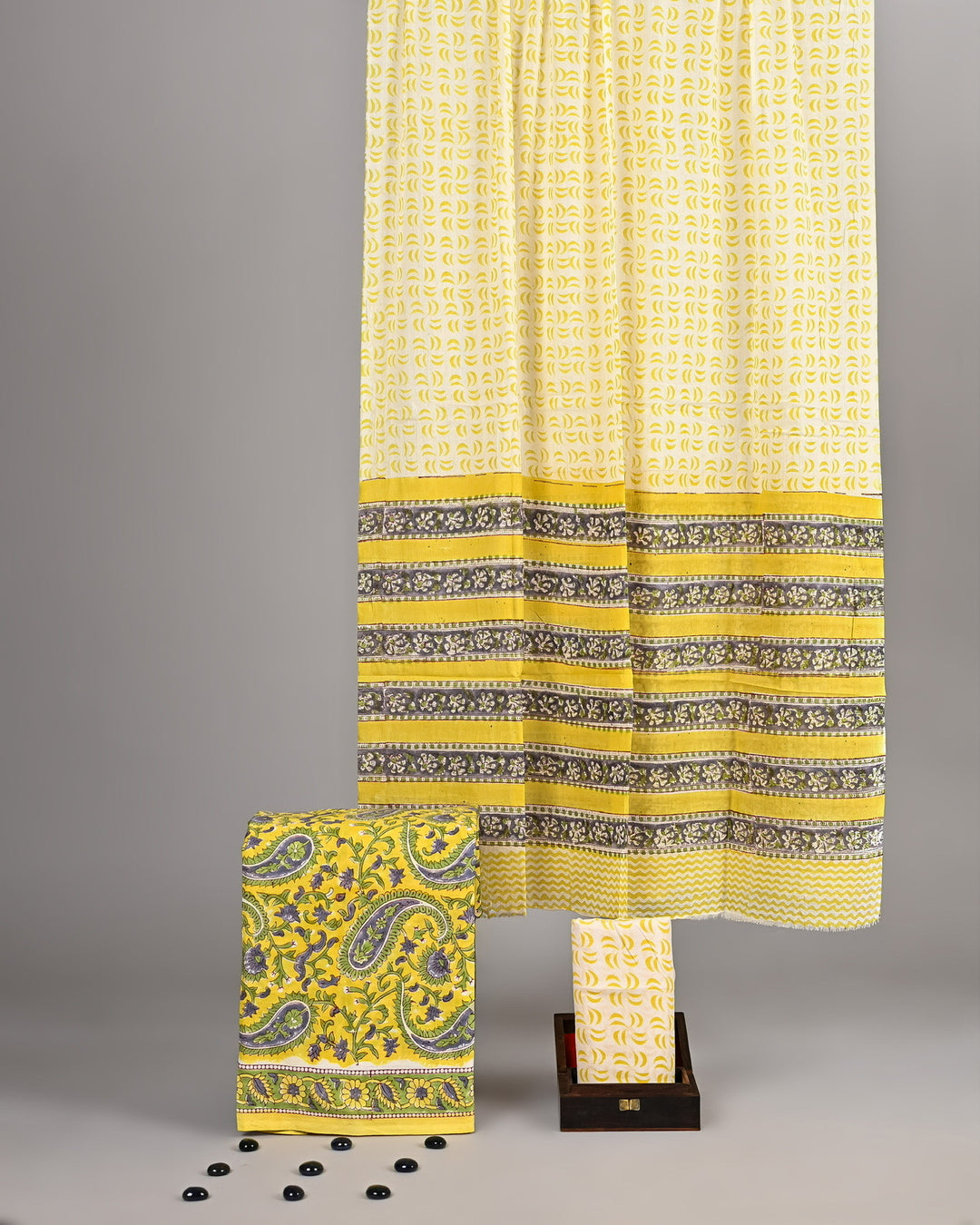 Vibrant Yellow Paisley Handblock Printed Cotton Unstitched Suit Set