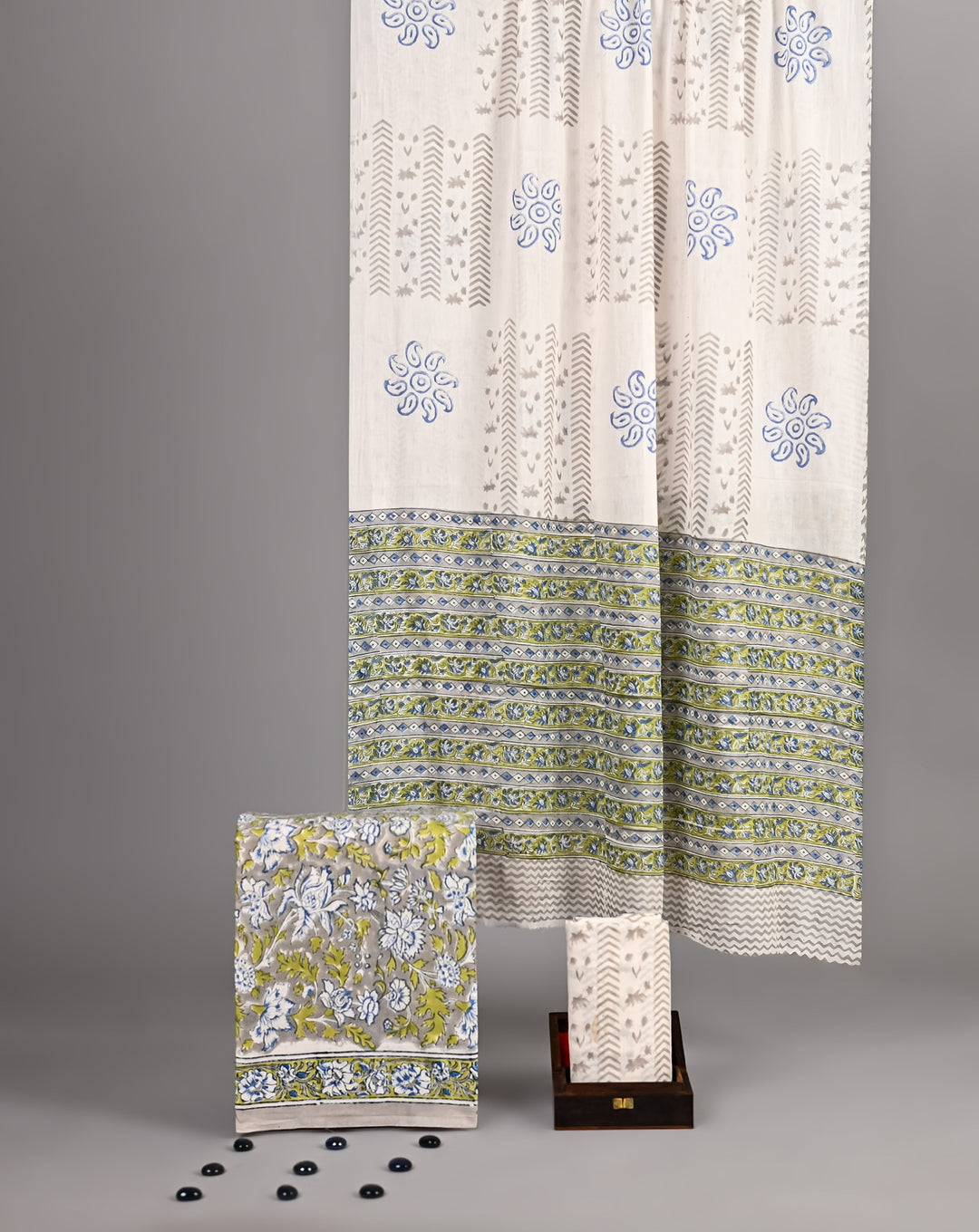 Blue Floral Jaal & Chevron Block Print Unstitched Cotton Suit Material