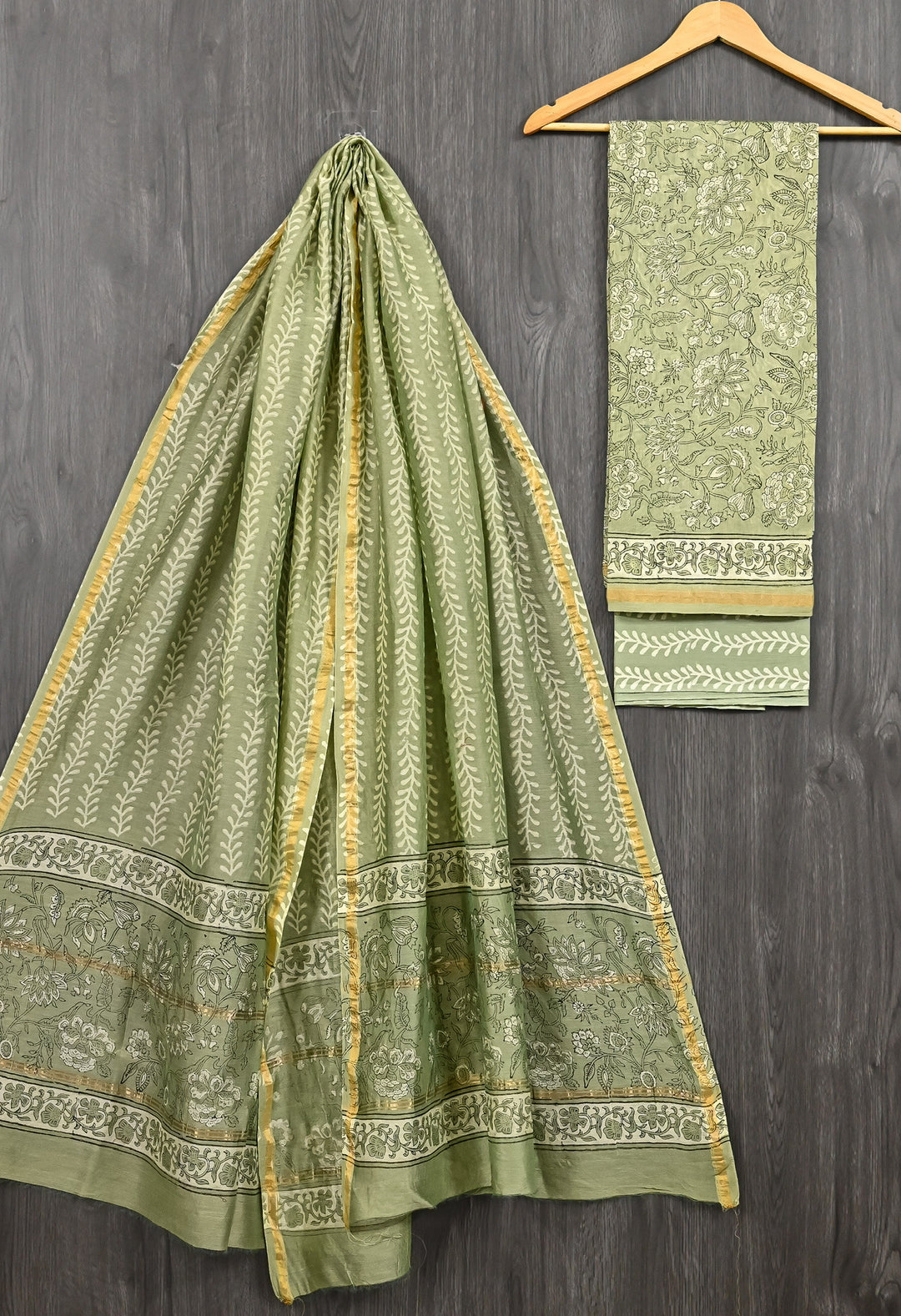 Olive Green Bagru Handblock Printed Chanderi Silk Suit Set with Bel and Floral Patterns