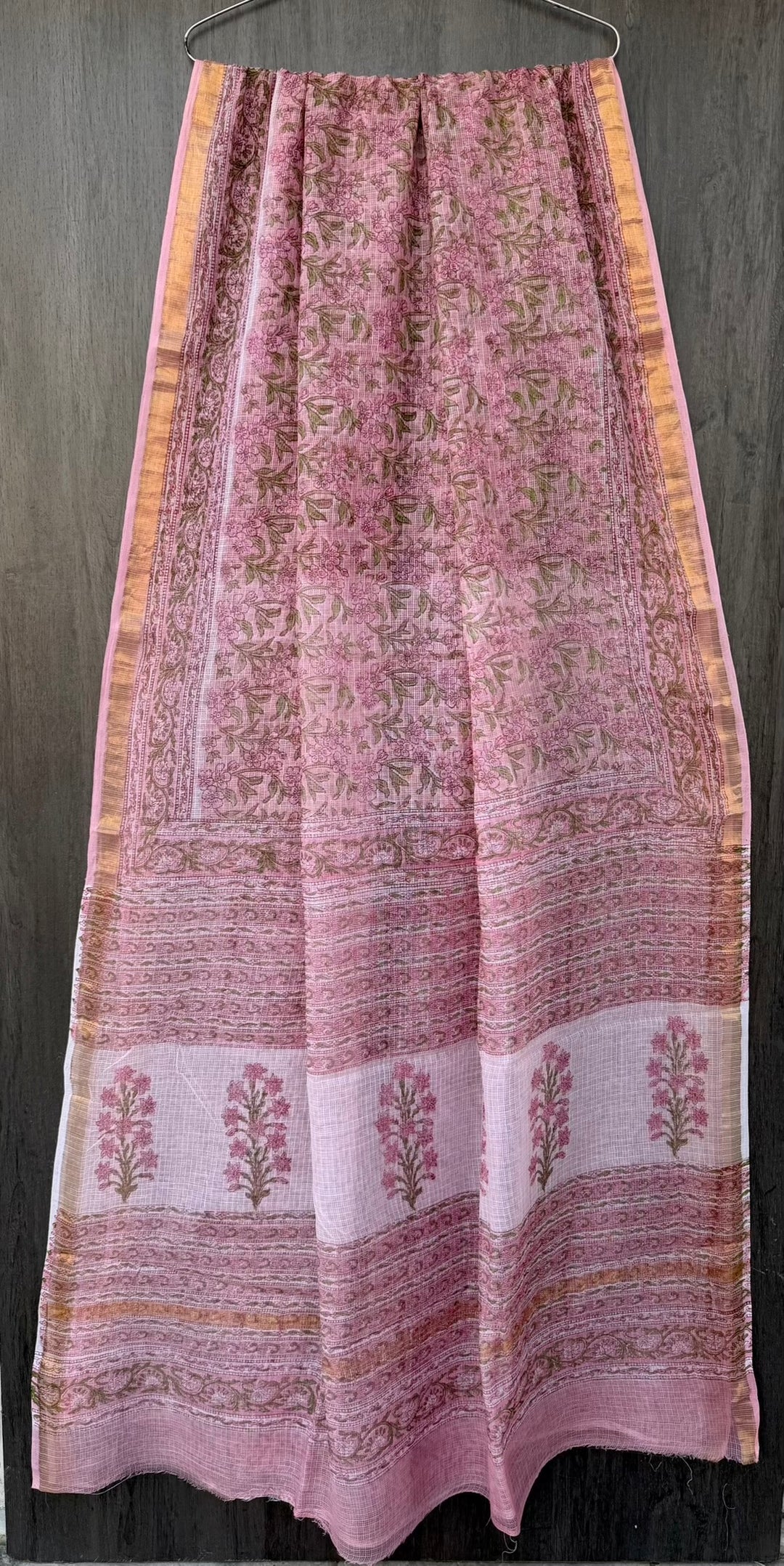 Dusty Pink Floral Hand Block Printed Kota Doria Cotton Saree