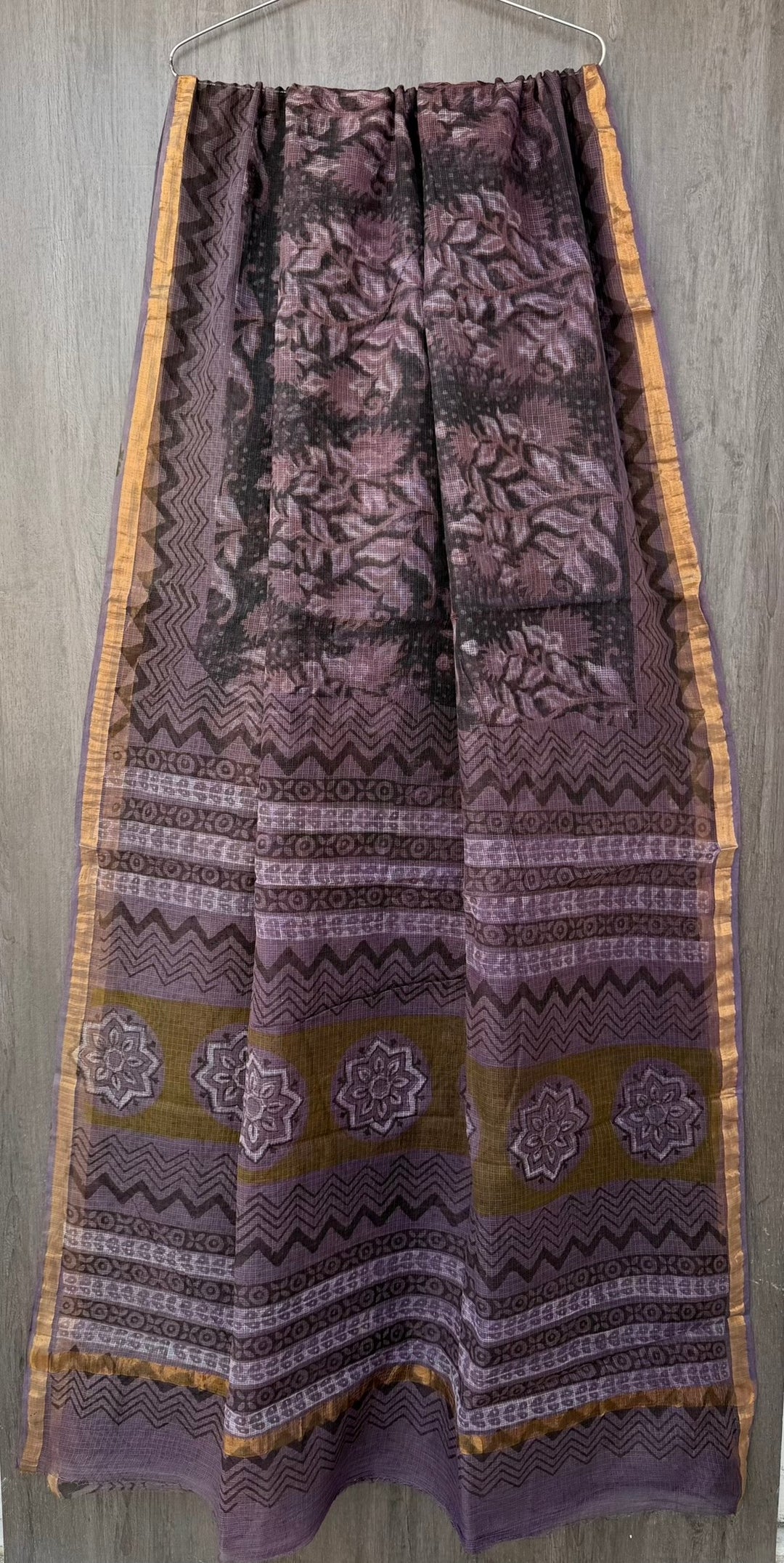 Dusty Mauve & Olive Floral Vine Hand Block Printed Kota Doria Cotton Saree