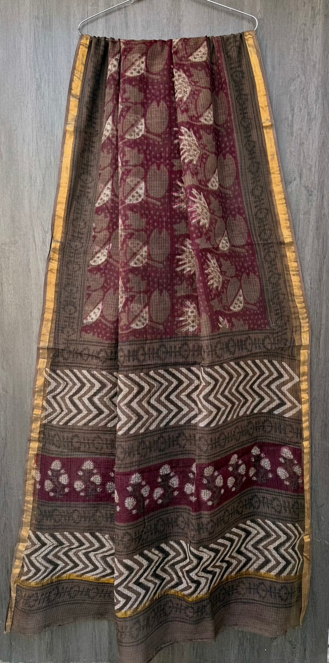 Deep Maroon & Charcoal Grey Abstract Block Printed Kota Doria Cotton Saree