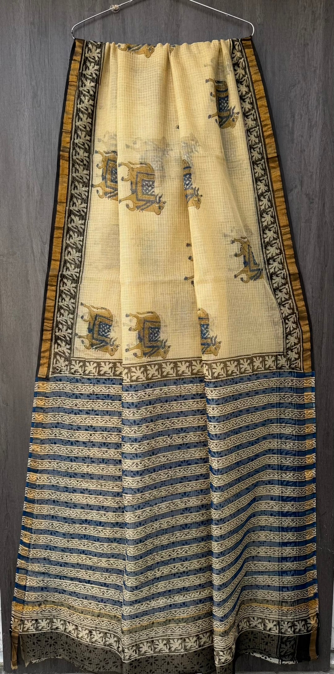 Natural Beige & Indigo Cow Motif Hand Block Printed Kota Doria Cotton Saree
