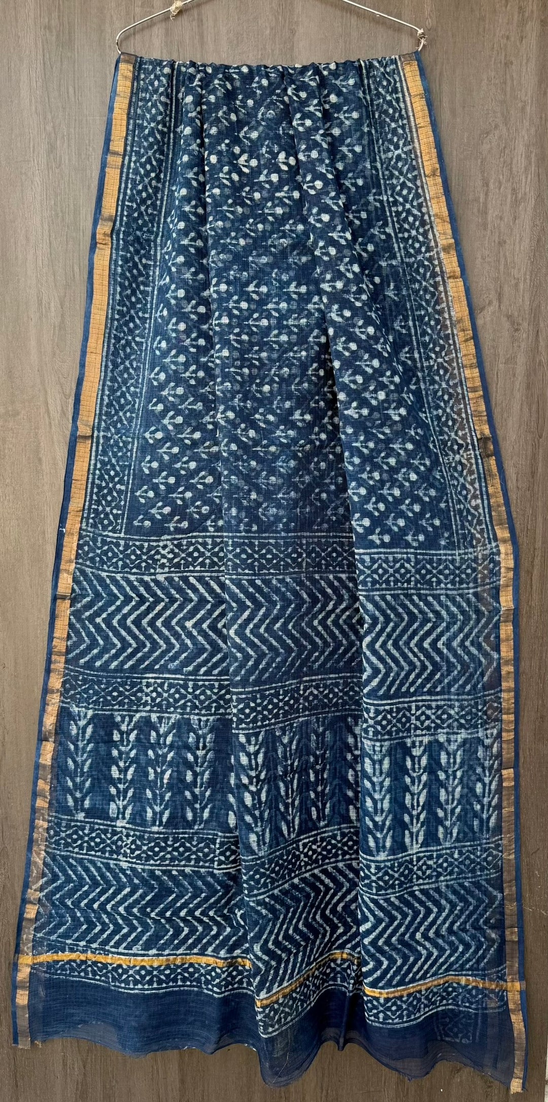 Deep Indigo Blue Floral & Chevron Hand Block Printed Kota Doria Cotton Saree