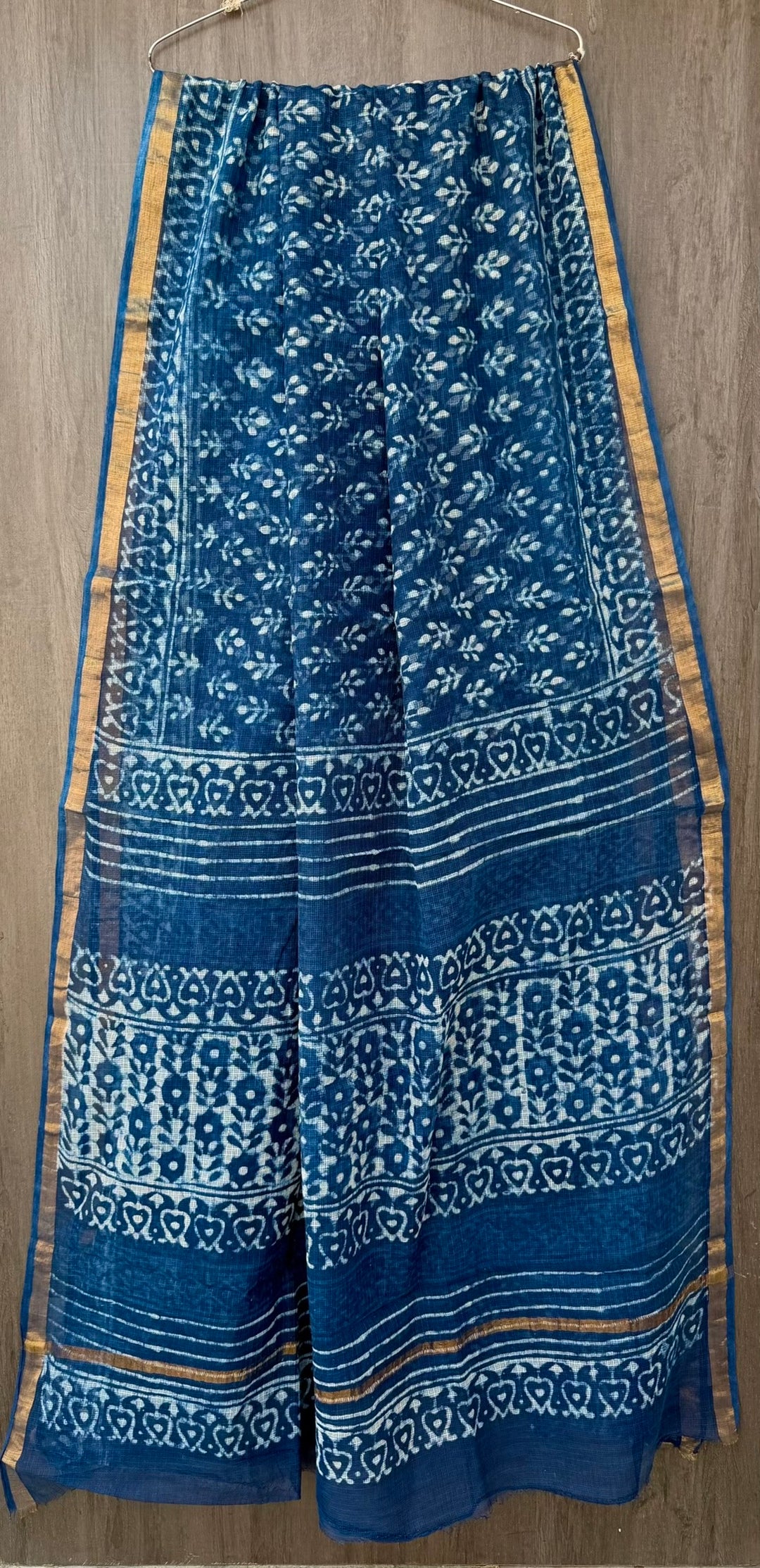 Indigo Blue Heart Motif & Floral Border Hand Block Printed Kota Doria Cotton Saree