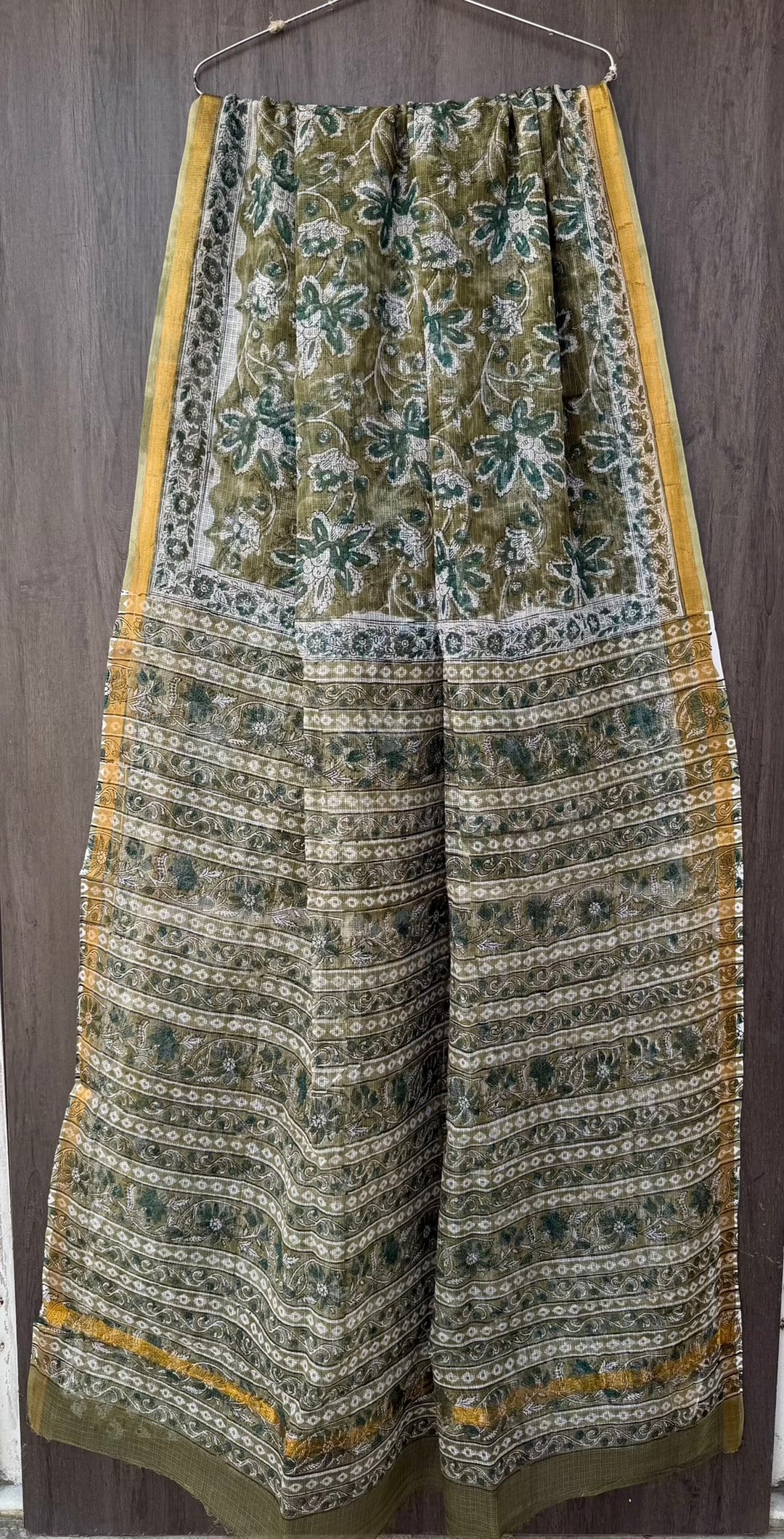 Olive Green Delicate Jaal Hand Block Printed Kota Doria Saree with Zari Border