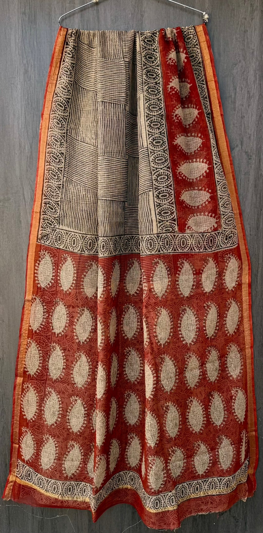 Brick Red Hand Block Printed Kota Doria Saree with Paisley Motifs & Zari Border