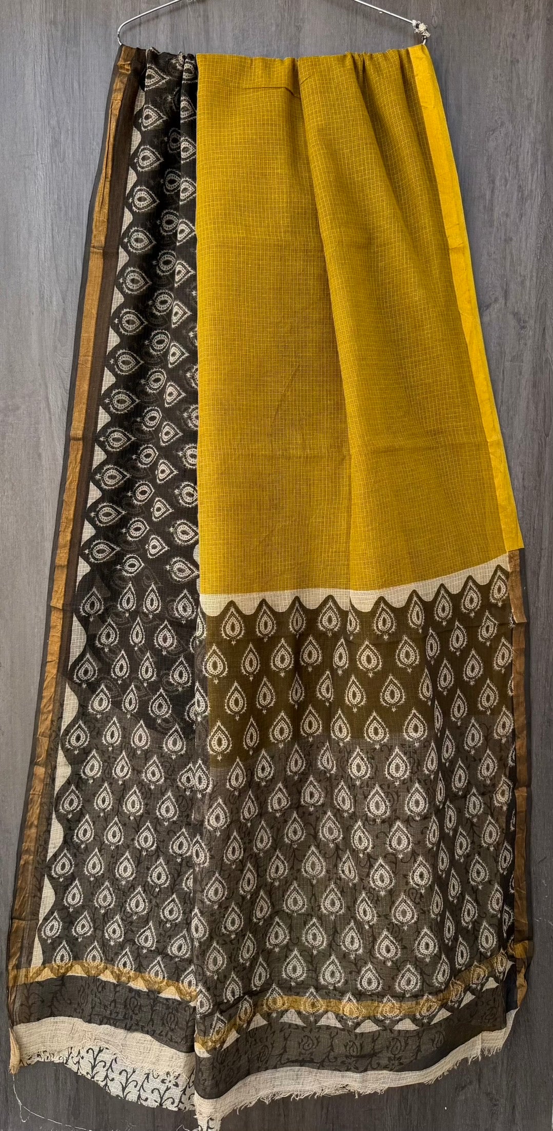 Mustard Yellow & Charcoal Olive Hand Block Printed Kota Doria Cotton Saree
